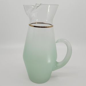 Vtg MCM West Virginia Blendo Glass Ice Lip Pitcher Frosted Green Gold Trim 9.5"